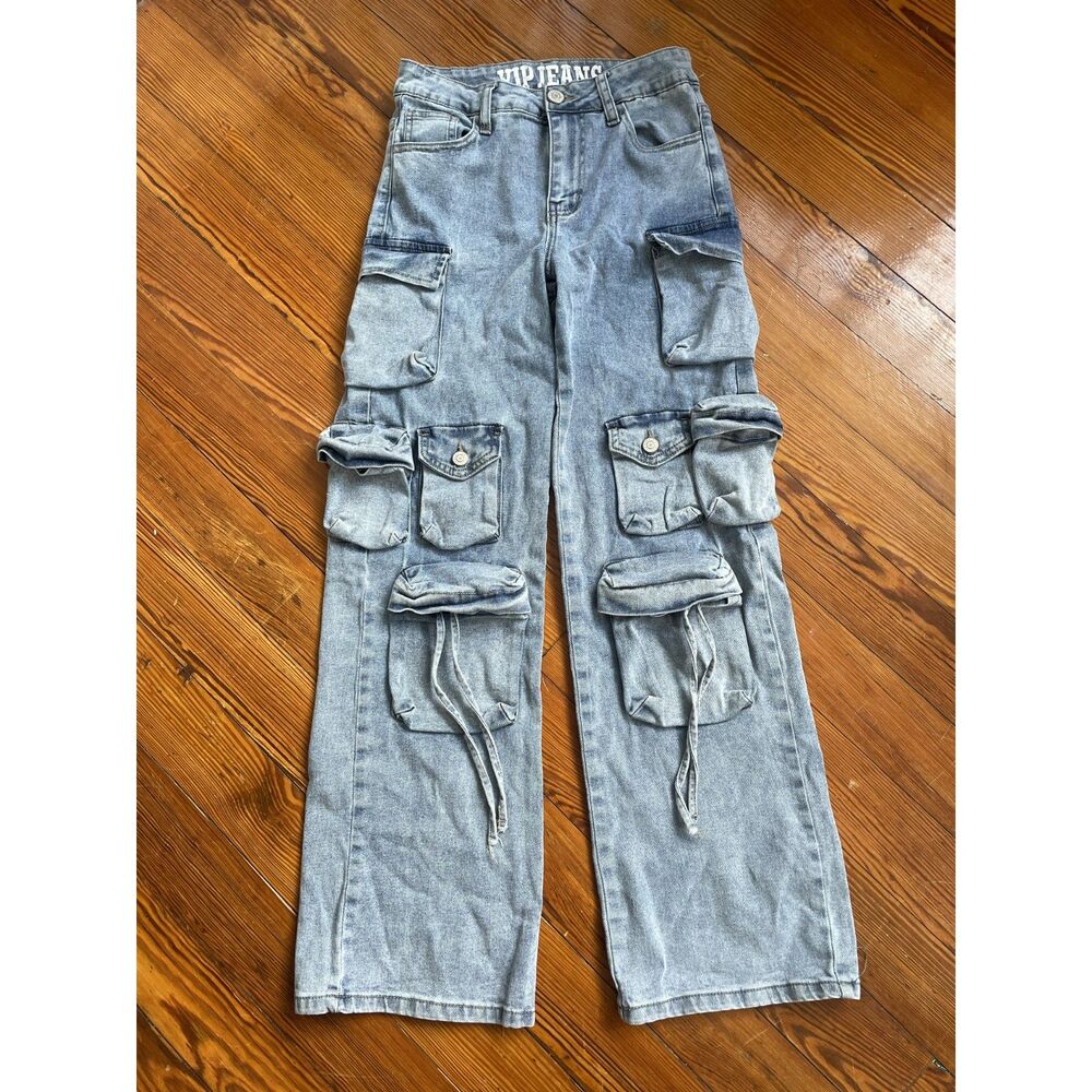 VIP Jeans Y2K Straps Multi-Pocket Wide Leg Denim Cargo Pants- Light Wash Size 3